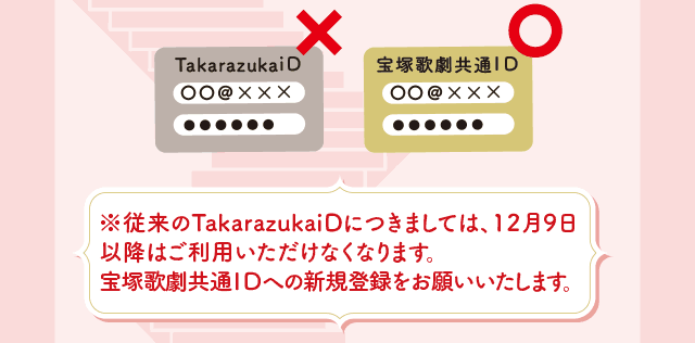 ※従来のTakarazukaiDにつきましては、12月9日以降はご利用いただけなくなります。宝塚歌劇共通IDへの新規登録をお願いいたします。