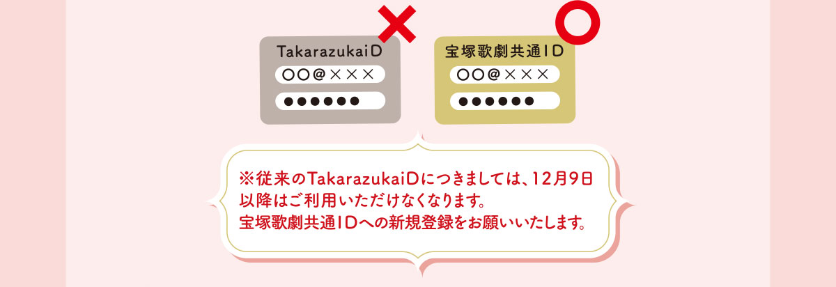 ※従来のTakarazukaiDにつきましては、12月9日以降はご利用いただけなくなります。宝塚歌劇共通IDへの新規登録をお願いいたします。