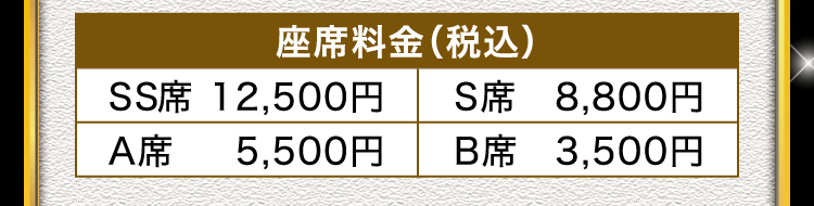 座席料金（税込）SS席 12,500円 S席 8,800円、A席 5,500円、B席 3,500円