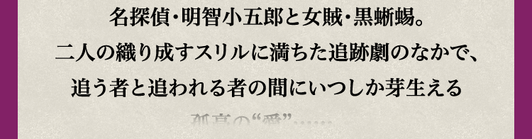 
							名探偵・明智小五郎と女賊・黒蜥蜴。
							二人の織り成すスリルに満ちた追跡劇のなかで、
							追う者と追われる者の間にいつしか芽生える
							孤高の“愛”……。
							