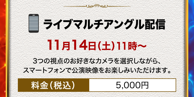 ライブマルチアングル配信　11月14日（土）11時～　3つの視点のお好きなカメラを選択しながら、スマートフォンで公演映像をお楽しみいただけます。料金（税込）5,000円